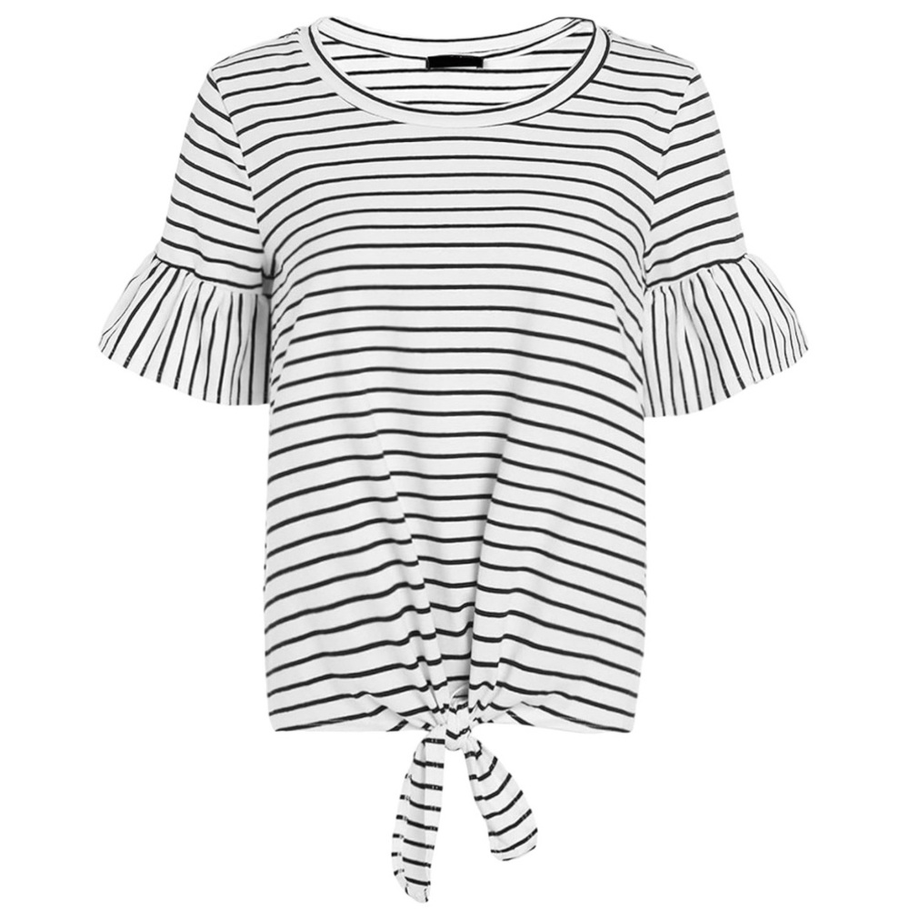 ROMWE Striped Ruffle Short Sleeve Tie Front Knot Crew Neck Nautical Preppy Large